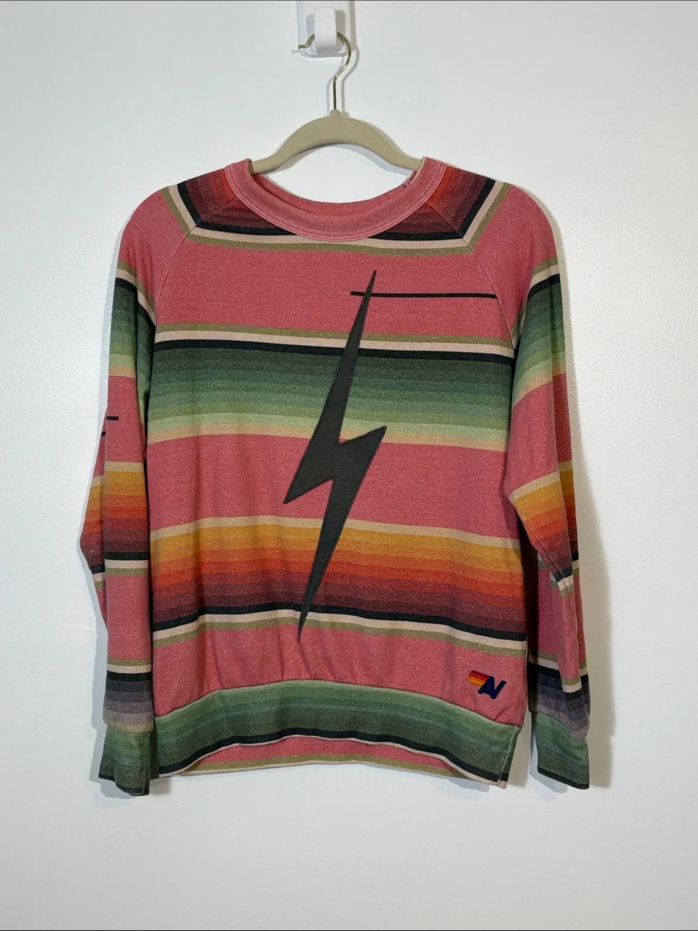 Aviator Nation Tulum Serape Strip Bolt Stitch Crewneck Women’s Size Small Logo